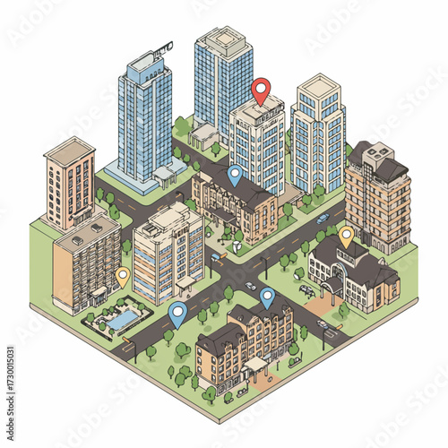 Isometric Detailed Cityscape Illustration with Buildings and Landmarks for Urban Planning