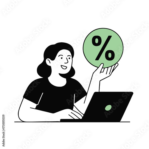 Vector art of a woman is working on a laptop, holding a percentage sign, indicating a discount or promotion, she is smiling, showing excitement