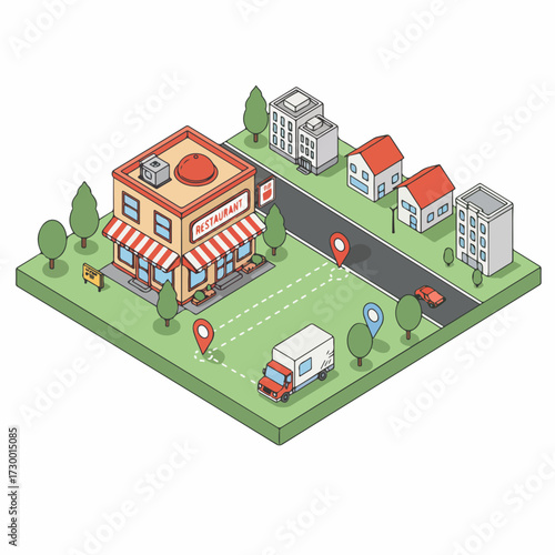 Isometric Pixel Art Delivery Truck Route To Store Location Illustration