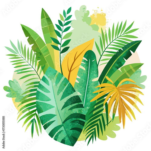 Lush tropical foliage design element, vibrant green botanical scene