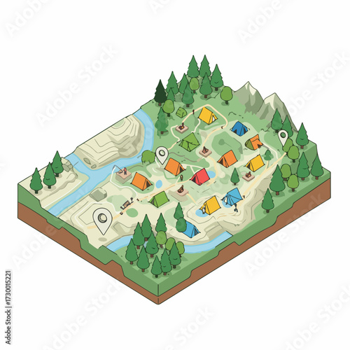 Isometric Detailed Camping Ground Map Illustration with Nature Elements and Tents
