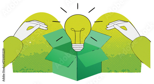 Trendy Halftone Collage Two Hands with lightbulb. Creative mind or brainstorm. Create creative idea concept. Business solutions. Think outside the box. Marketing time. Contemporary vector art 