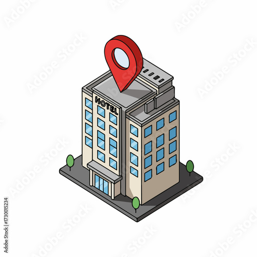 Isometric Style Hotel Building with Location Pin on the Roof Illustration