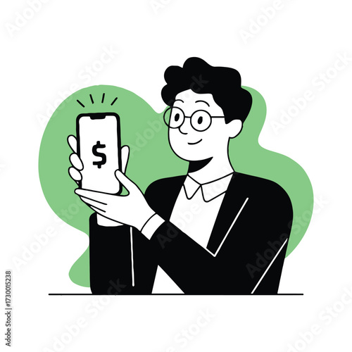 Vector art of a man with glasses is holding a smartphone with a dollar sign on the screen, indicating online banking, mobile payments, or financial technology