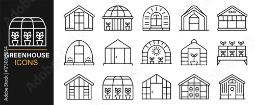 Outline greenhouse icons – modern design of plant houses for farming and cultivation