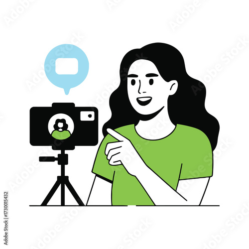 Vector art of a young woman is recording a video blog, she is standing in front of a camera on a tripod and pointing to the screen with her finger
