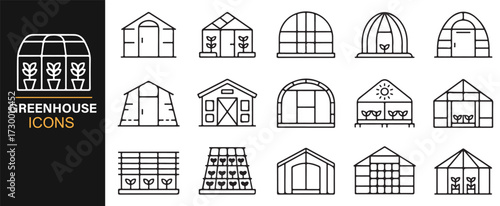 Line art greenhouse icon set – modern plant houses, domes, and garden structures