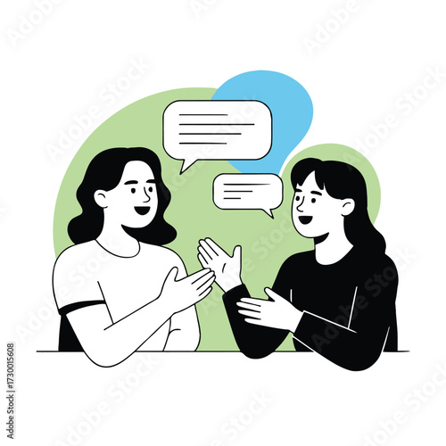Vector art of two women are having a conversation with speech bubbles, representing communication, discussion, or collaboration