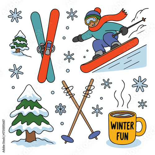 Colorful and Monochrome Winter Sports Doodle Sticker Set
