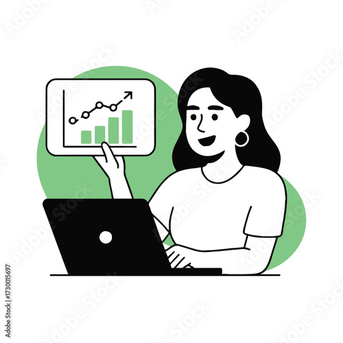 Vector art of a woman is presenting a business chart on a tablet while working on a laptop, she is smiling and looking at the chart with satisfaction