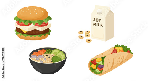 Healthy and Delicious Food Choices Burger, Poke Bowl, Soy Milk, and Burrito Illustration