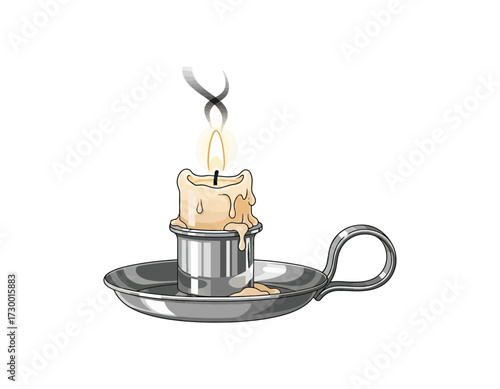 Illustration of a lit candle in a silver holder with dripping wax, perfect for use in designs related to light, illumination, and ambiance