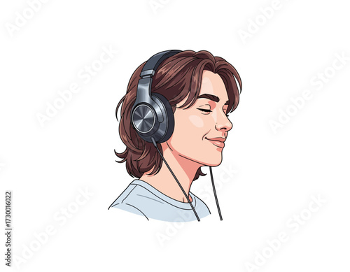 Captivating vector illustration of a young man immersed in the joyful rhythm of music, wearing stylish headphones with eyes closed in pure auditory bliss and peaceful tranquility