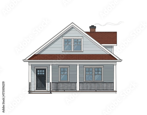 Architectural vector illustration of a traditional American family home with a front porch and gabled roof. Classic suburban house exterior design