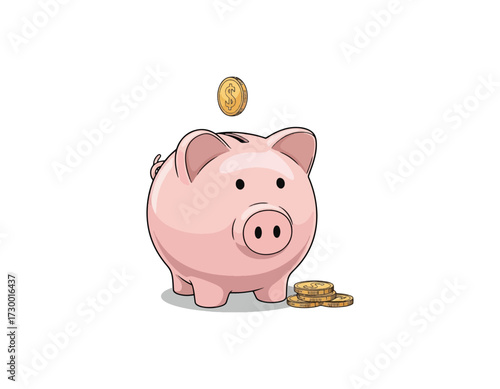 Adorable pink piggy bank illustration with a golden coin falling in; perfect for finance, savings, or investment concepts. Cute cartoon style