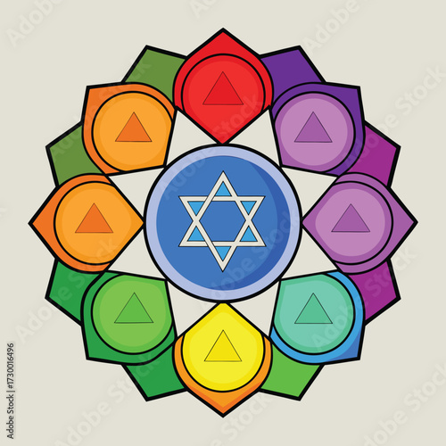 Mandala With Star Of David And Rainbow Colored Petals spiritual religious