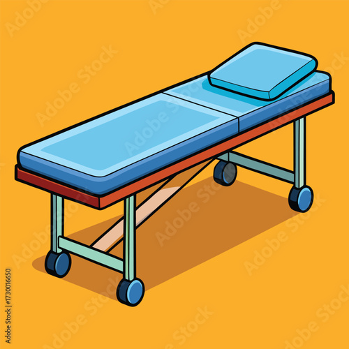 Medical Stretcher with Blue Top and Wheels on Orange Background gurney examination table