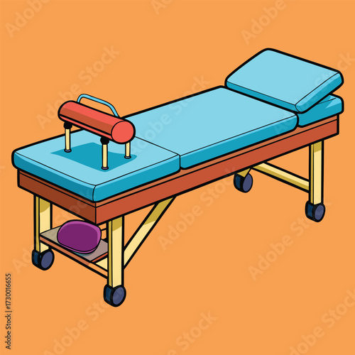 Medical Examination Table with Pillow and Orange Handle on Wheels medical table therapy table