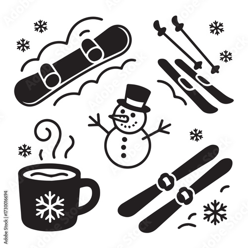 Vector Collection of Winter Activities, Skiing, Snowboarding, and Snow Icons
