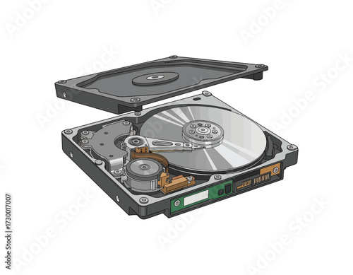 A technical vector illustration of an open computer hard drive with the top cover off, showcasing the intricate internal components for digital data storage