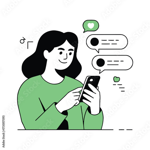 Vector art of a woman is using her smartphone to send messages and receive likes, she is smiling and enjoying the interaction online