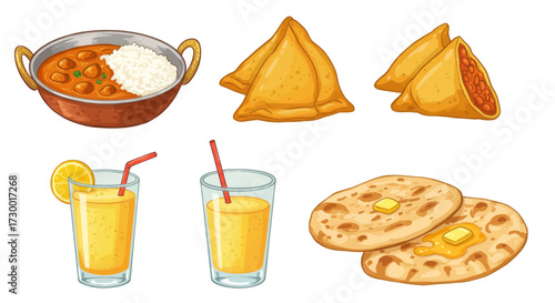 A delightful assortment of Indian food items, including curry, samosas, naan bread, and refreshing drinks, perfect for culinary and graphic design projects