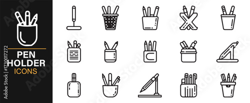 Modern outline pen holder vector collection – writing tools, desk accessories, and storage symbols