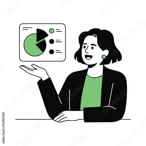 Vector art of a confident businesswoman presents a pie chart, showcasing data analysis and insights, a visual representation of business performance