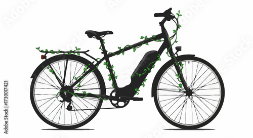 Eco-friendly electric bicycle with green vines growing on it, symbolizing sustainable transportation