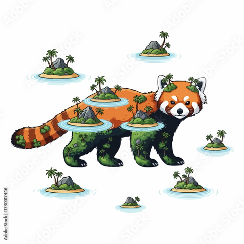 Whimsical Red Panda Walking Through a Sea of Tropical Islands
