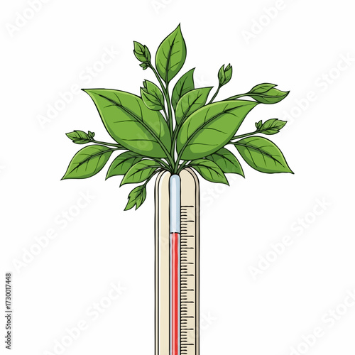 Thermometer with growing green leaves symbolizing the rise in temperature and environmental change