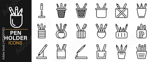 Line art pen holder icon set – office desk organizer and stationery container illustrations