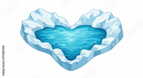 Heart-shaped frozen lake with icy shores and crystal clear blue water