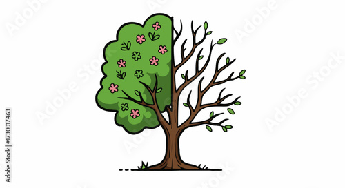 Conceptual illustration of a tree in two halves one blooming with flowers and leaves, the other bare and autumnal