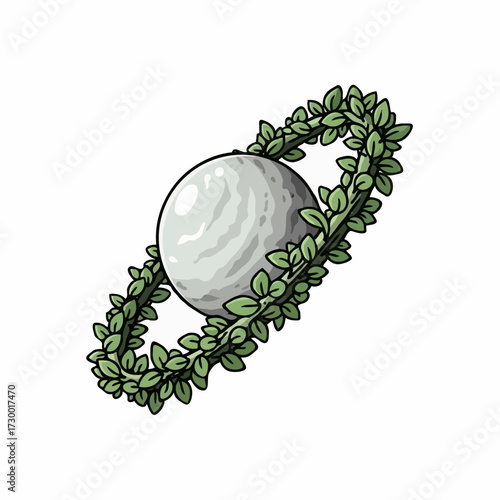 Planet with a leafy ring, celestial body surrounded by greenery, cosmic nature concept