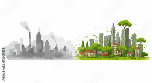 Contrast between a polluted cityscape and a thriving green urban environment emphasizing sustainability