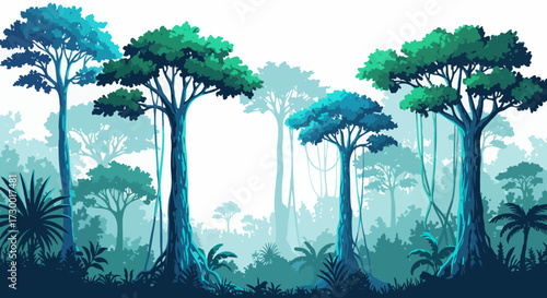 Lush Forest Canopy with Towering Trees and Misty Atmosphere, Digital Illustration