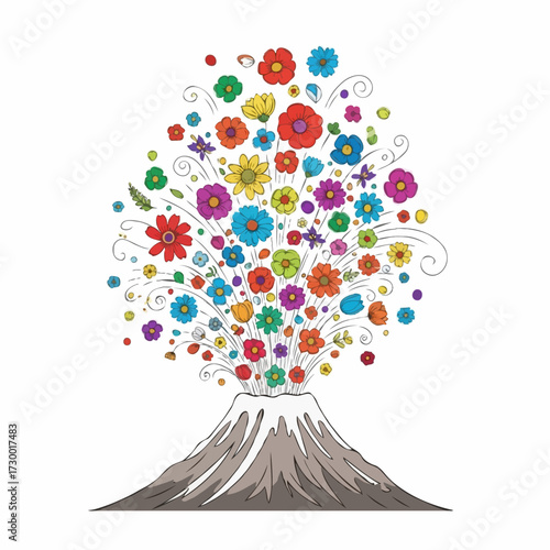 Volcano erupting with a vibrant explosion of colorful flowers and whimsical designs