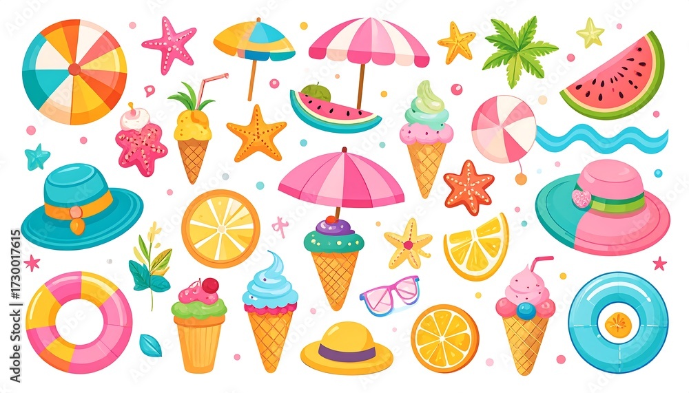 Fototapeta premium Colorful summer collection of cartoon beach elements