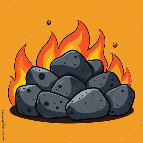Pile of Dark Gray Charcoal Rocks with Bright Orange Flames Keywords: charcoal, coal, rocks, stones, burning