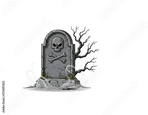 A spooky cartoon gravestone with a skull and crossbones emblem. Old cracked cemetery tombstone vector illustration for a scary Halloween design
