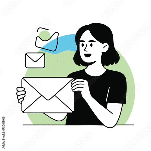 Vector art of woman holding envelope with mail icons, concept of communication, correspondence, and message delivery in the digital age