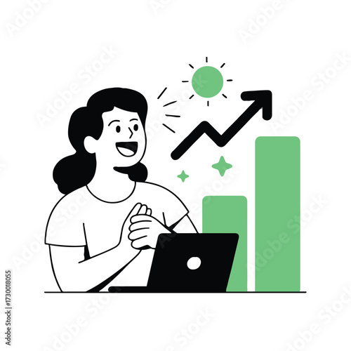 Vector art of excited woman in front of laptop with bar graph and arrow pointing up, concept of business success, growth, and achievement