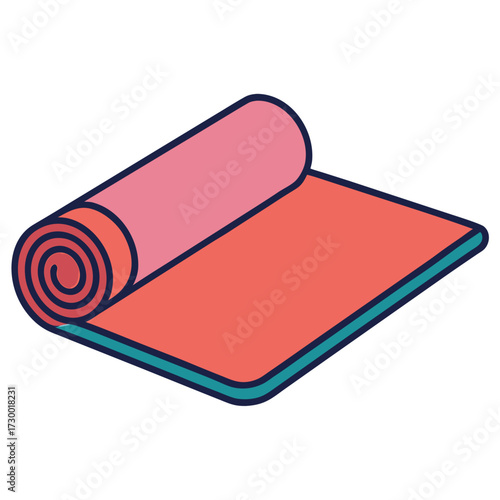 Rolled Up Coral and Teal Yoga Mat on White Background Keywords: yoga mat, exercise mat, fitness, workout