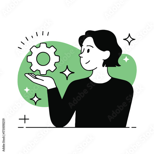 Vector art of woman holding gear with stars, concept of technology, engineering, and problemsolving in the modern world