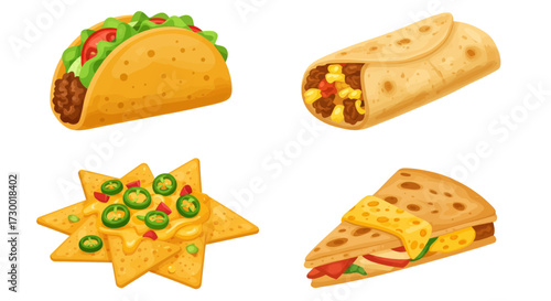 Delicious Mexican Food Vectors Taco, Burrito, Nachos, and Quesadilla Icons