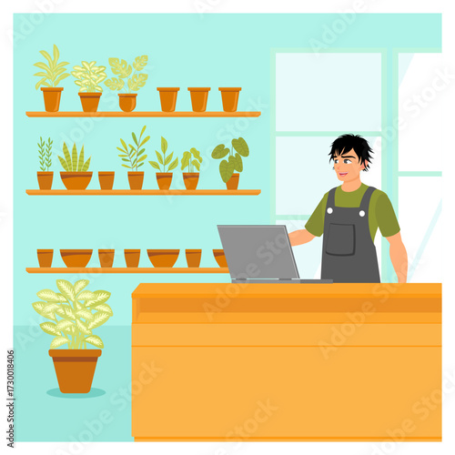 A self owned plant shop concept. A plant shop owner works on a laptop.