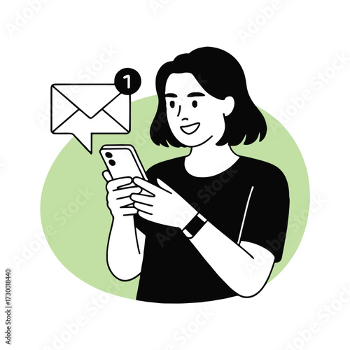 Vector art of a woman checks her phone and sees a new email notification, representing modern communication and mobile connectivity