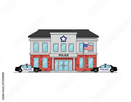 A Cartoon-Style Police Station with Police Cars, an American Flag, and the Word Police on the Building