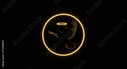 Silhouette of a bird with halo inside of a golden circle on black background